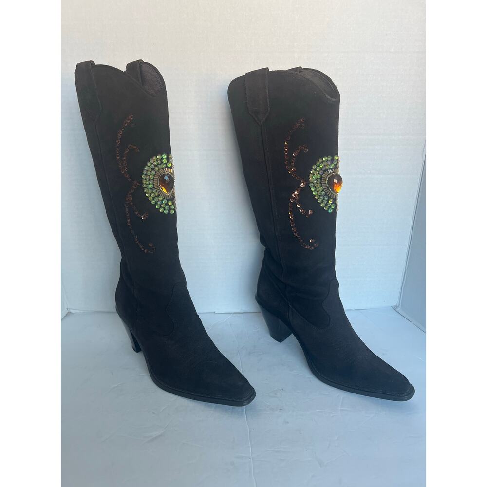 Colin Stuart Jeweled Sequin Western Brown Suede Knee High Pull On Boots Size 7 - Picture 2 of 14